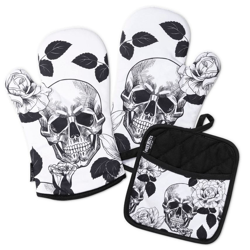 Gothic Black/White Skull Oven Mitt Set with Potholder - Jabbatheslut