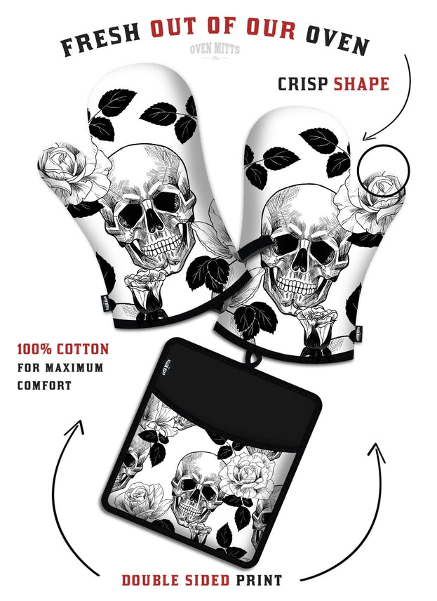 Gothic Black/White Skull Oven Mitt Set with Potholder - Jabbatheslut