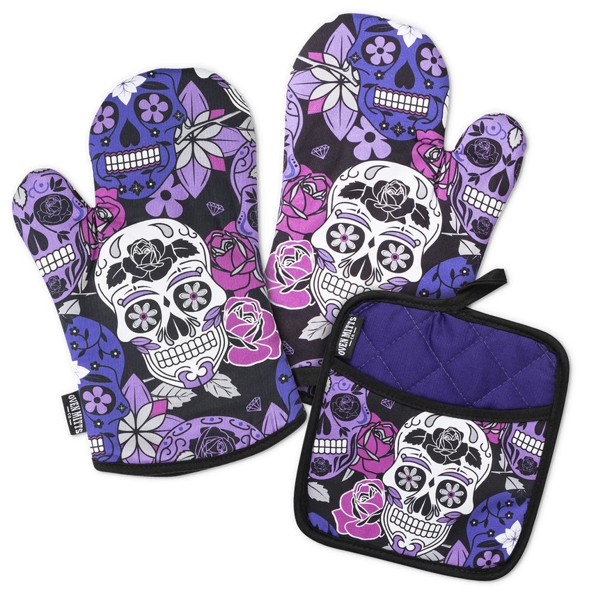 Purple Sugar Skull Oven Mitt Set - Jabbatheslut