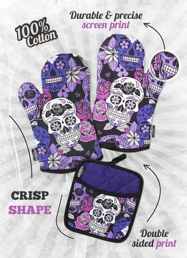 Purple Sugar Skull Oven Mitt Set - Jabbatheslut