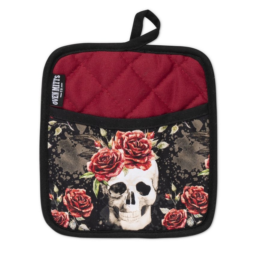 Skull with Roses Oven Mitt Set with Potholder - Jabbatheslut