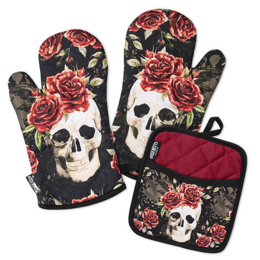 Skull with Roses Oven Mitt Set with Potholder - Jabbatheslut